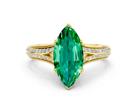 Yellow gold Marquise Cut Emerald Split Shank Engagement Ring with Pavé Band