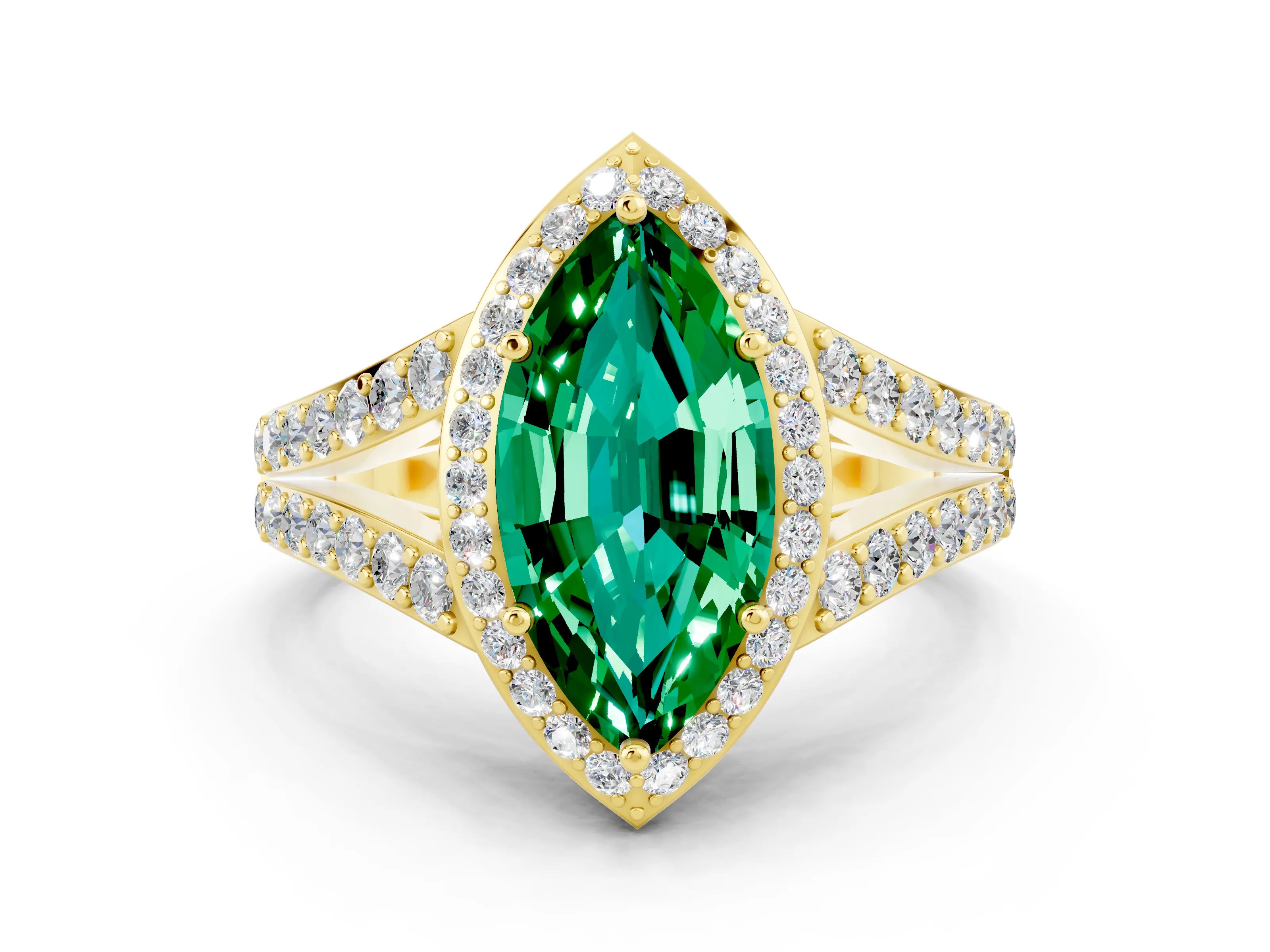 Yellow gold Marquise Cut Emerald Split Shank Halo Ring with Four-Prong Setting_12