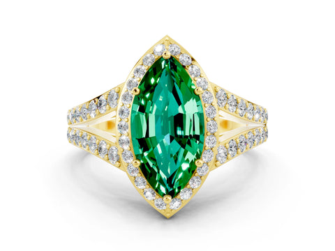 Yellow gold Marquise Cut Emerald Split Shank Halo Ring with Four-Prong Setting_12