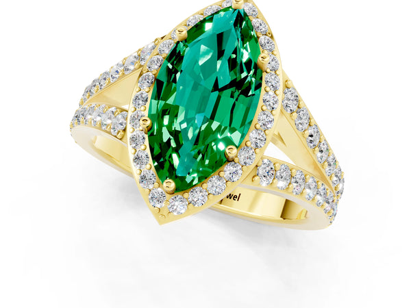Yellow gold Marquise Cut Emerald Split Shank Halo Ring with Four-Prong Setting