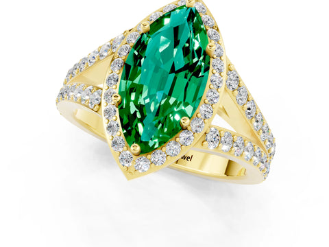 Yellow gold Marquise Cut Emerald Split Shank Halo Ring with Four-Prong Setting_13
