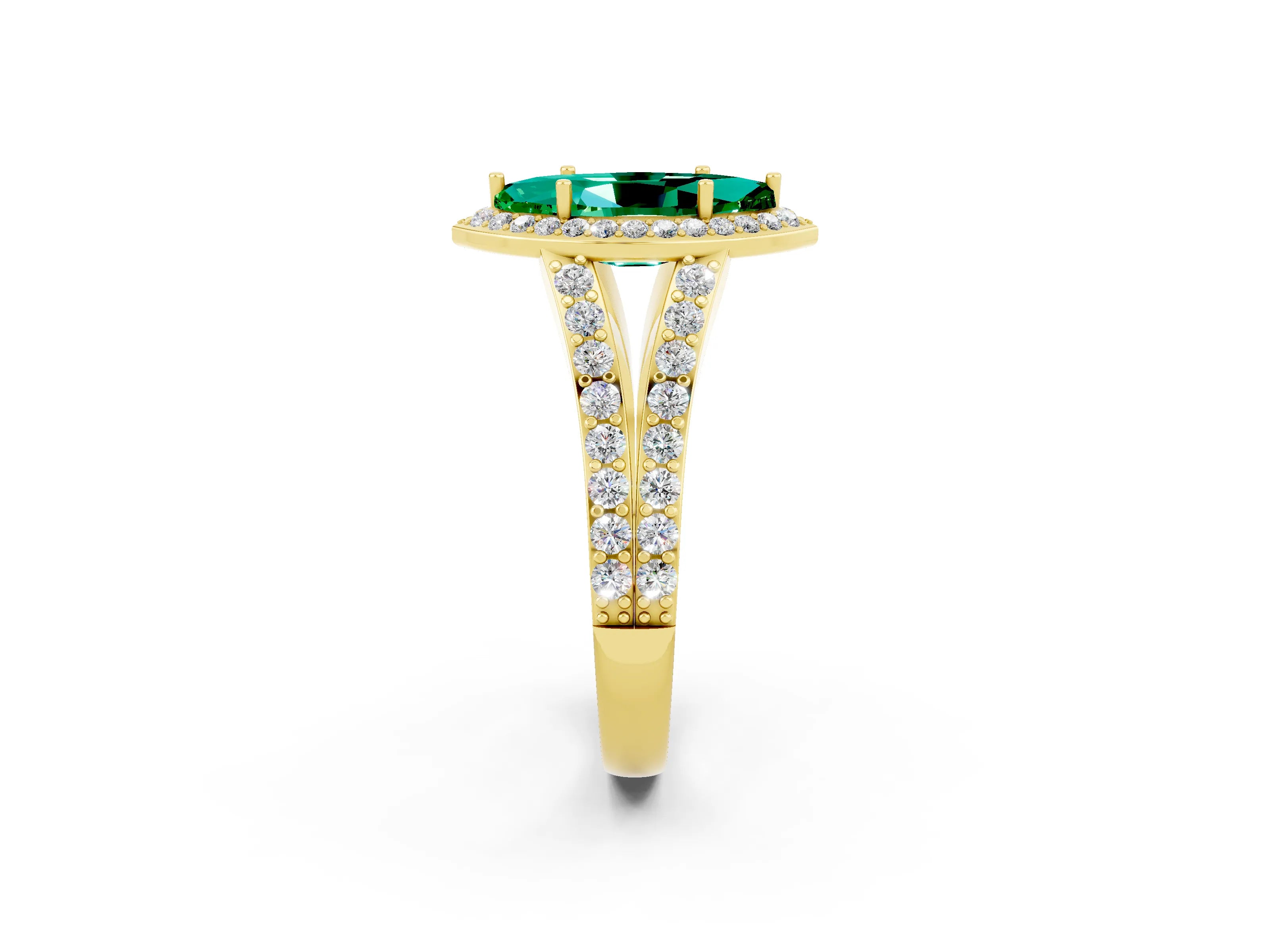 Yellow gold Marquise Cut Emerald Split Shank Halo Ring with Four-Prong Setting_14