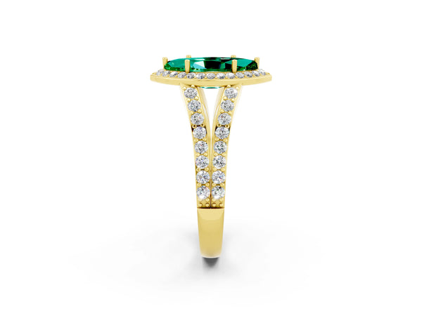 Yellow gold Marquise Cut Emerald Split Shank Halo Ring with Four-Prong Setting
