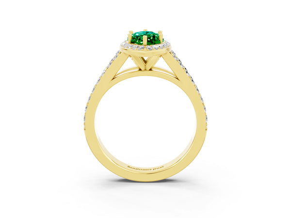 Yellow gold Marquise Cut Emerald Split Shank Halo Ring with Four-Prong Setting