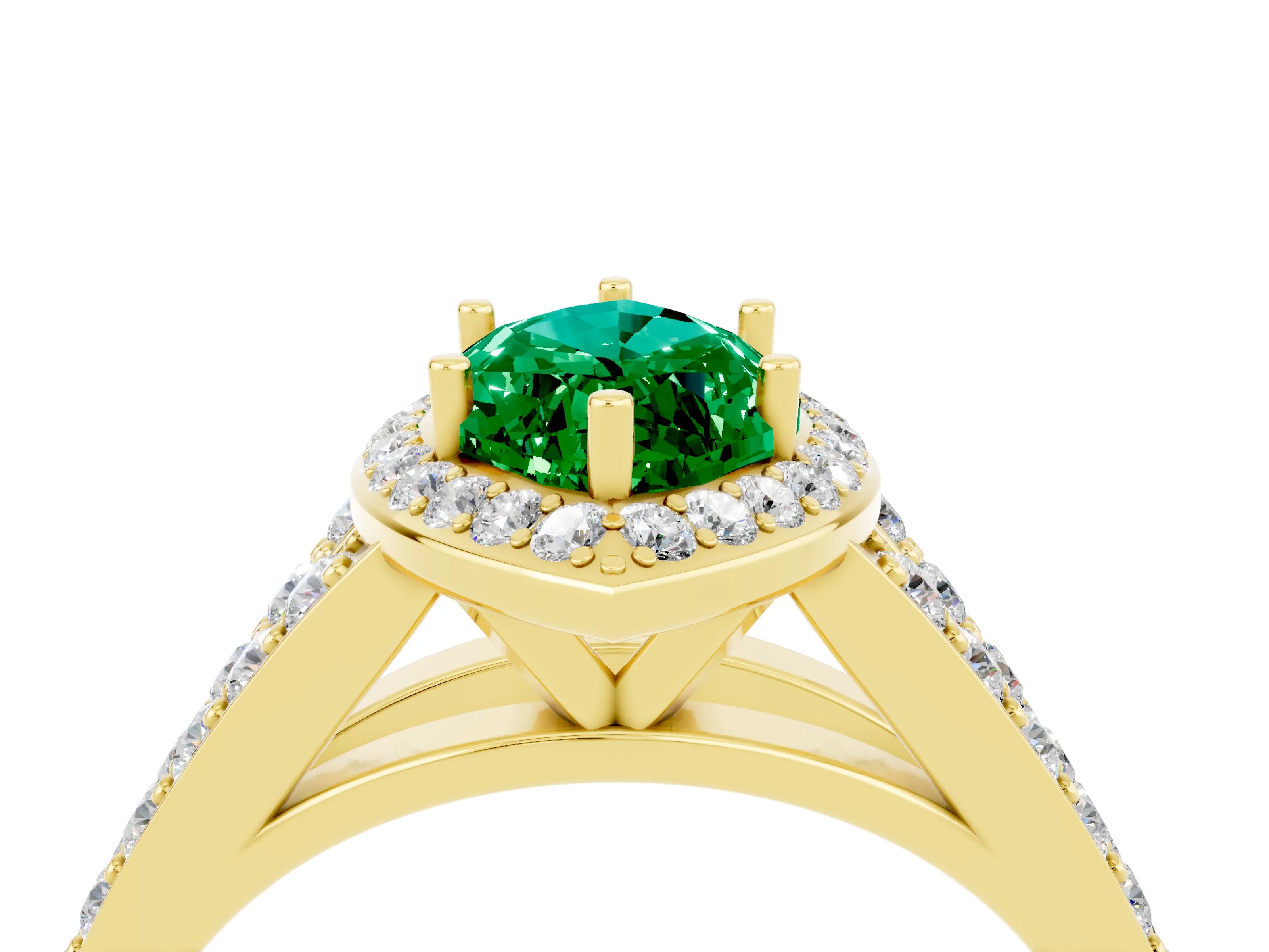 Yellow gold Marquise Cut Emerald Split Shank Halo Ring with Four-Prong Setting_16