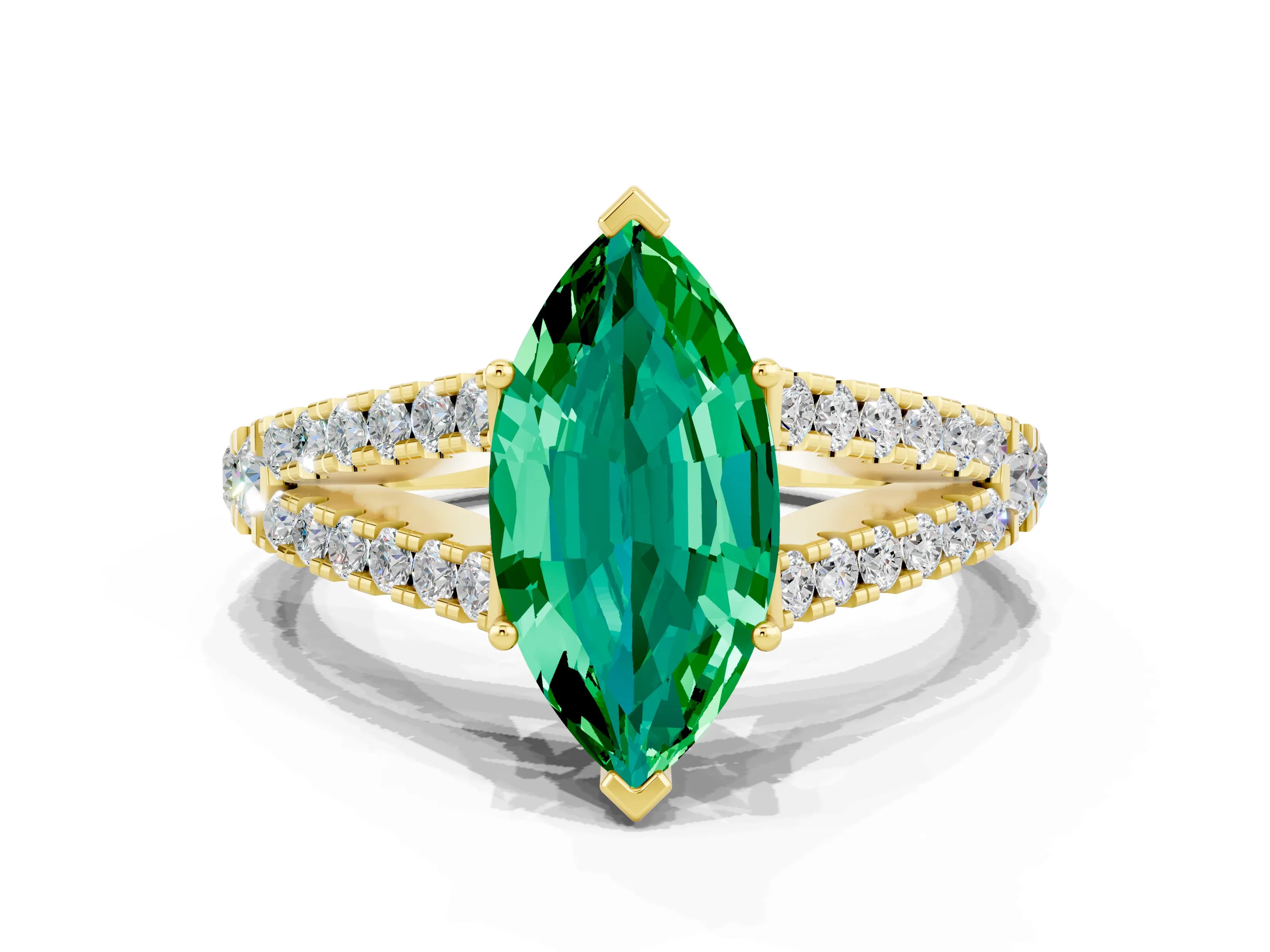 Yellow gold Marquise Cut Emerald Split Shank Pavé Engagement Ring with Four-Prong Setting_12
