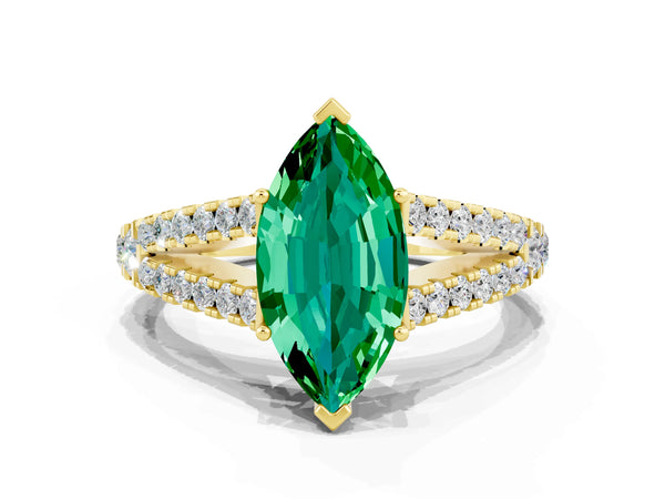 Yellow gold Marquise Cut Emerald Split Shank Pavé Engagement Ring with Four-Prong Setting