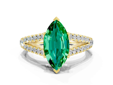 Yellow gold Marquise Cut Emerald Split Shank Pavé Engagement Ring with Four-Prong Setting_12