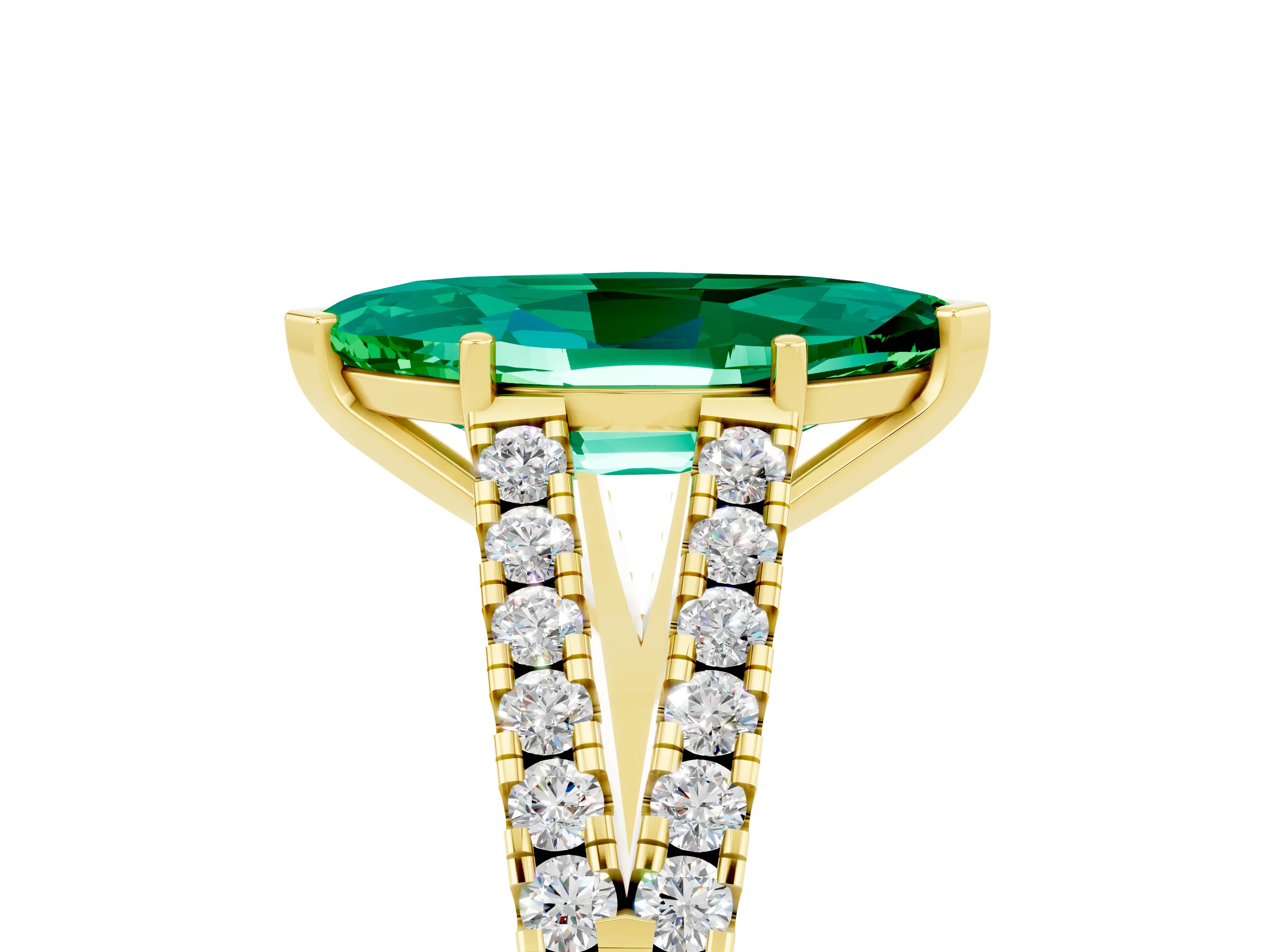 Yellow gold Marquise Cut Emerald Split Shank Pavé Engagement Ring with Four-Prong Setting_17