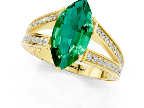 Yellow gold Marquise Cut Emerald Split Shank Ring with Pavé Band and Four-Prong Setting_1