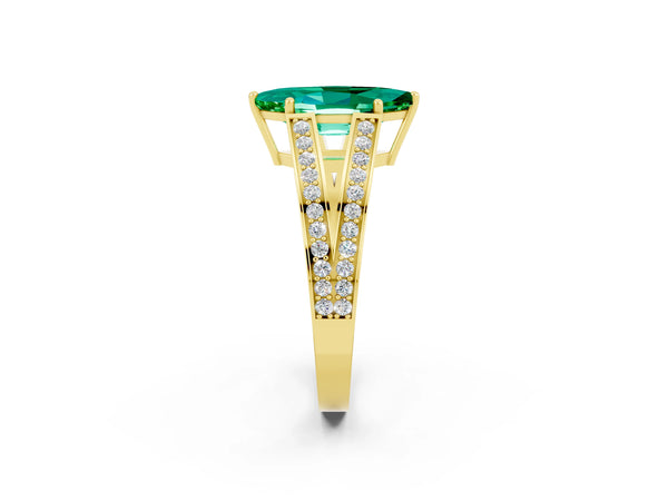 Yellow gold Marquise Cut Emerald Split Shank Ring with Pavé Band and Four-Prong Setting