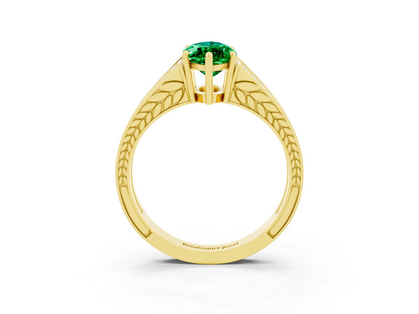 Yellow gold Marquise Cut Emerald Split Shank Ring with Pavé Band and Four-Prong Setting