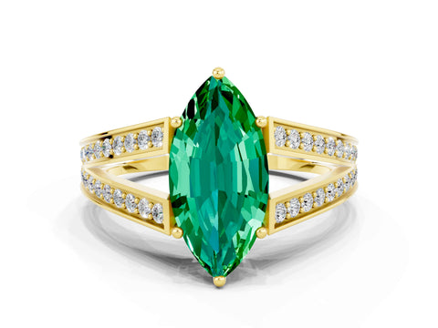 Yellow gold Marquise Cut Emerald Split Shank Ring with Pavé Band and Four-Prong Setting