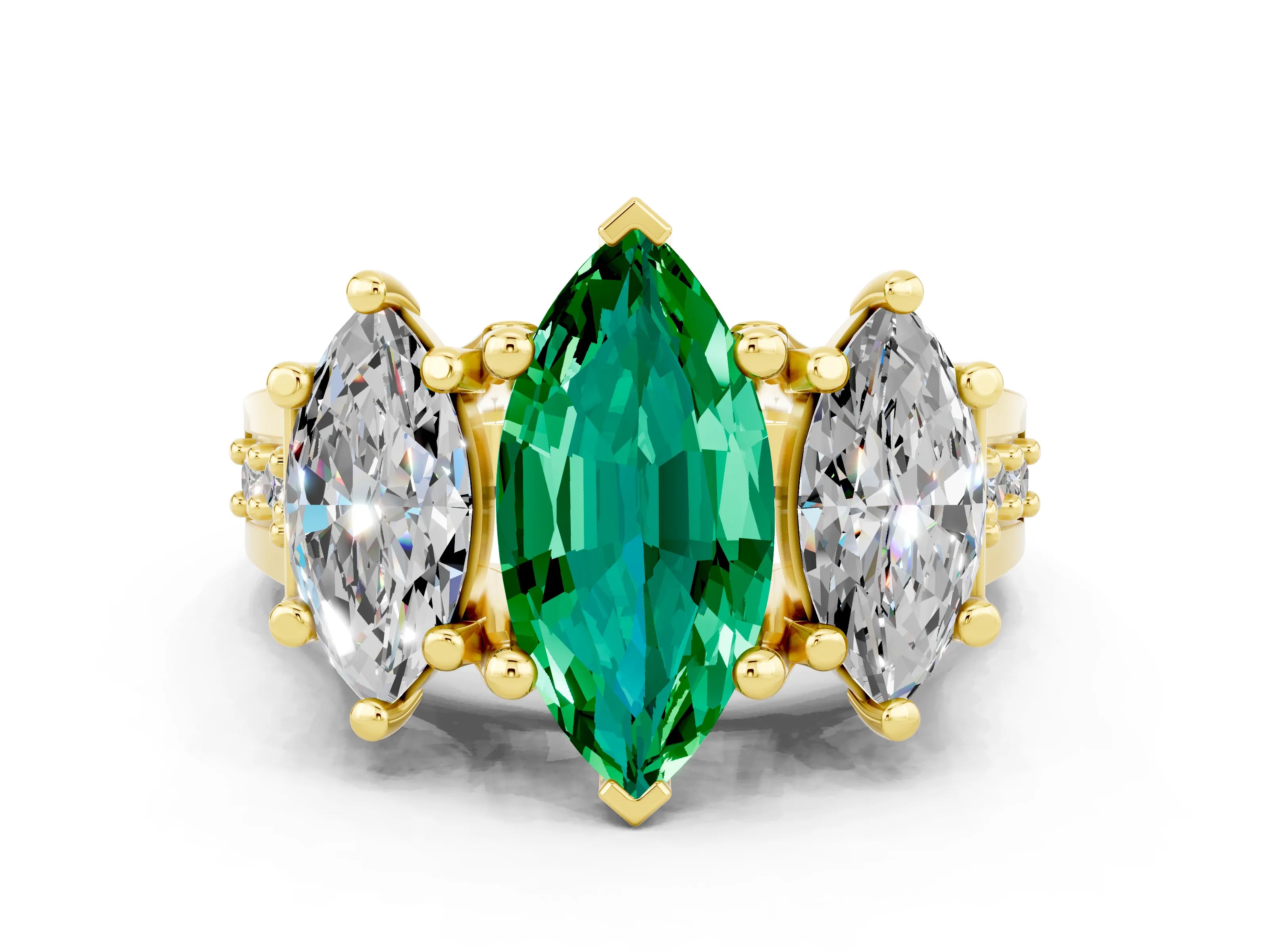 Yellow gold Marquise Cut Emerald Three-Stone Ring with Channel Set Band and Four-Prong Setting