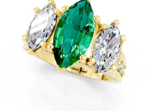 Yellow gold Marquise Cut Emerald Three-Stone Ring with Channel Set Band and Four-Prong Setting_1