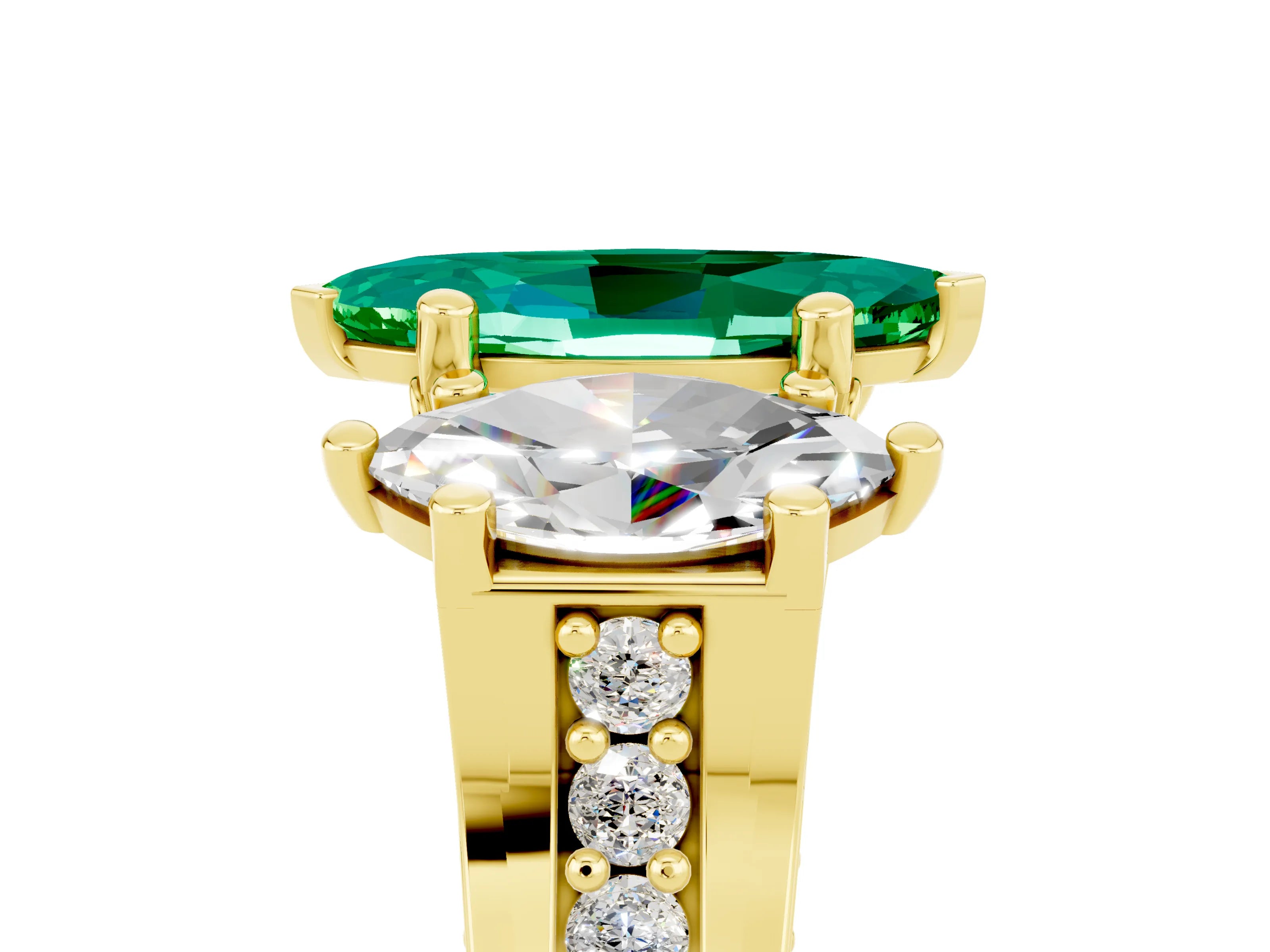 Yellow gold Marquise Cut Emerald Three-Stone Ring with Channel Set Band and Four-Prong Setting_5