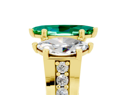 Yellow gold Marquise Cut Emerald Three-Stone Ring with Channel Set Band and Four-Prong Setting_5