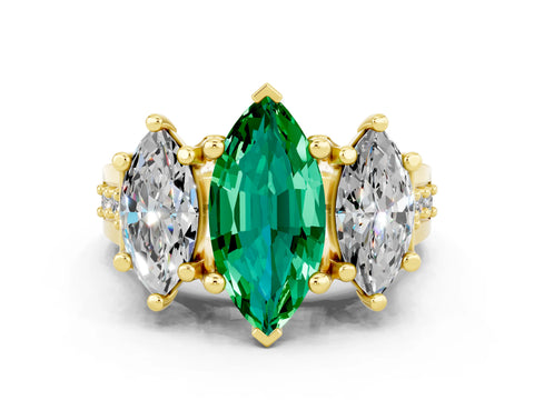 Yellow gold Marquise Cut Emerald Three-Stone Ring with Channel Set Band and Four-Prong Setting