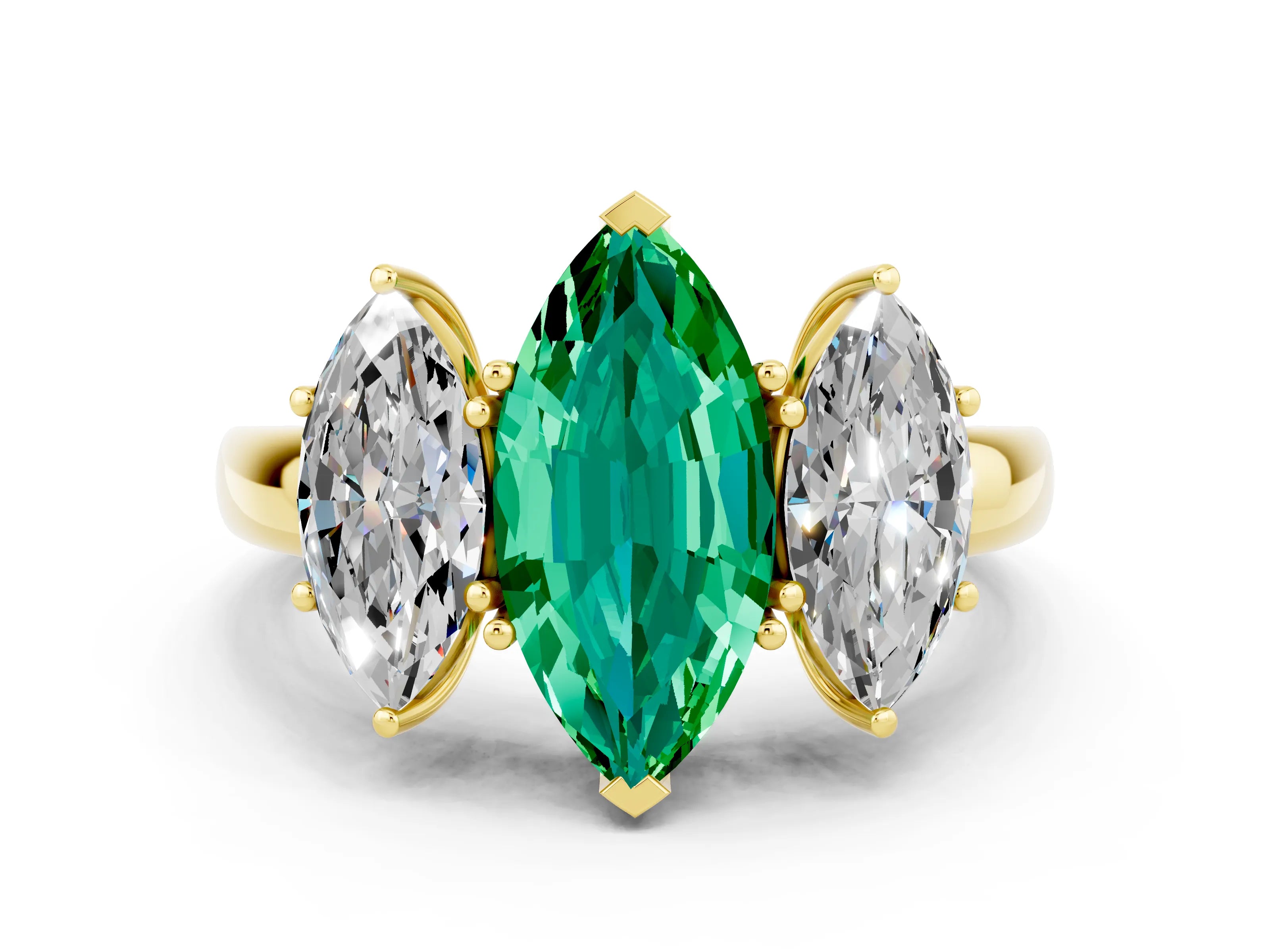 Yellow gold Marquise Cut Emerald Three-Stone Ring with Four-Prong Setting and Classic Band