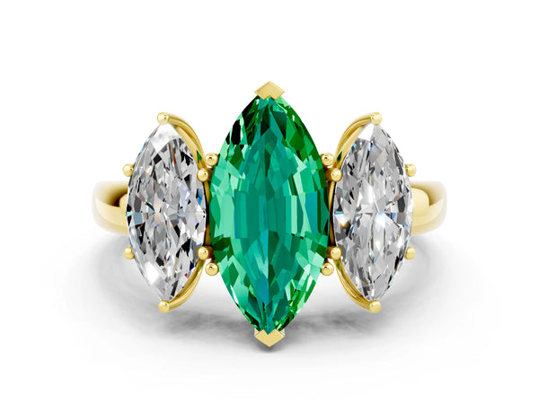 Yellow gold Marquise Cut Emerald Three-Stone Ring with Four-Prong Setting and Classic Band