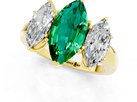 Yellow gold Marquise Cut Emerald Three-Stone Ring with Four-Prong Setting and Classic Band_1