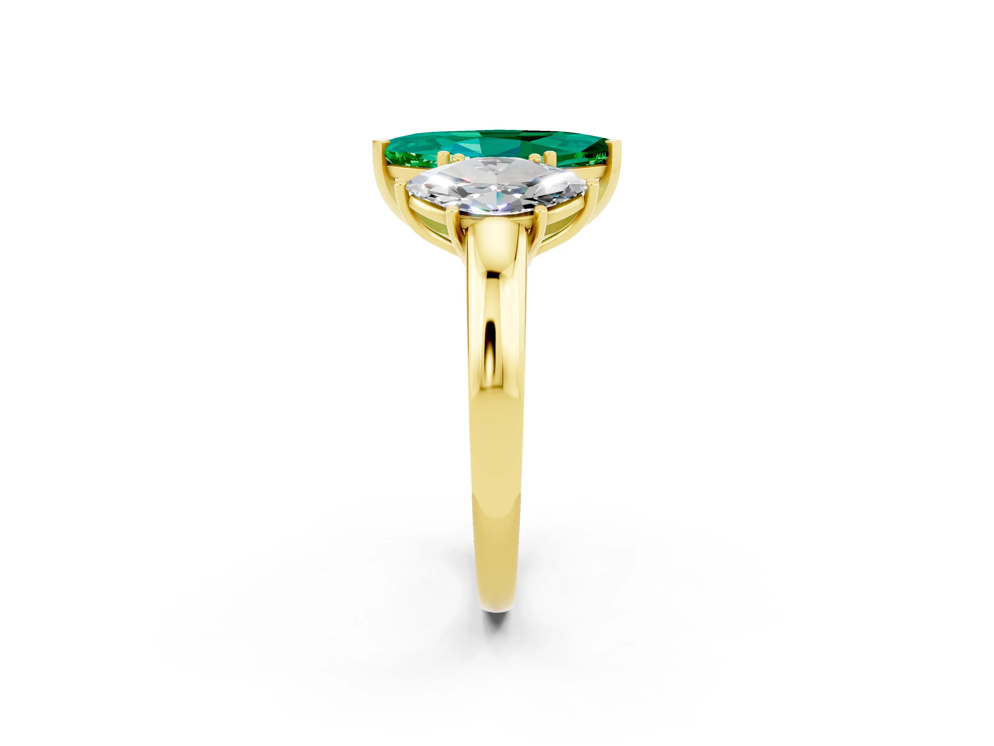 Yellow gold Marquise Cut Emerald Three-Stone Ring with Four-Prong Setting and Classic Band_2