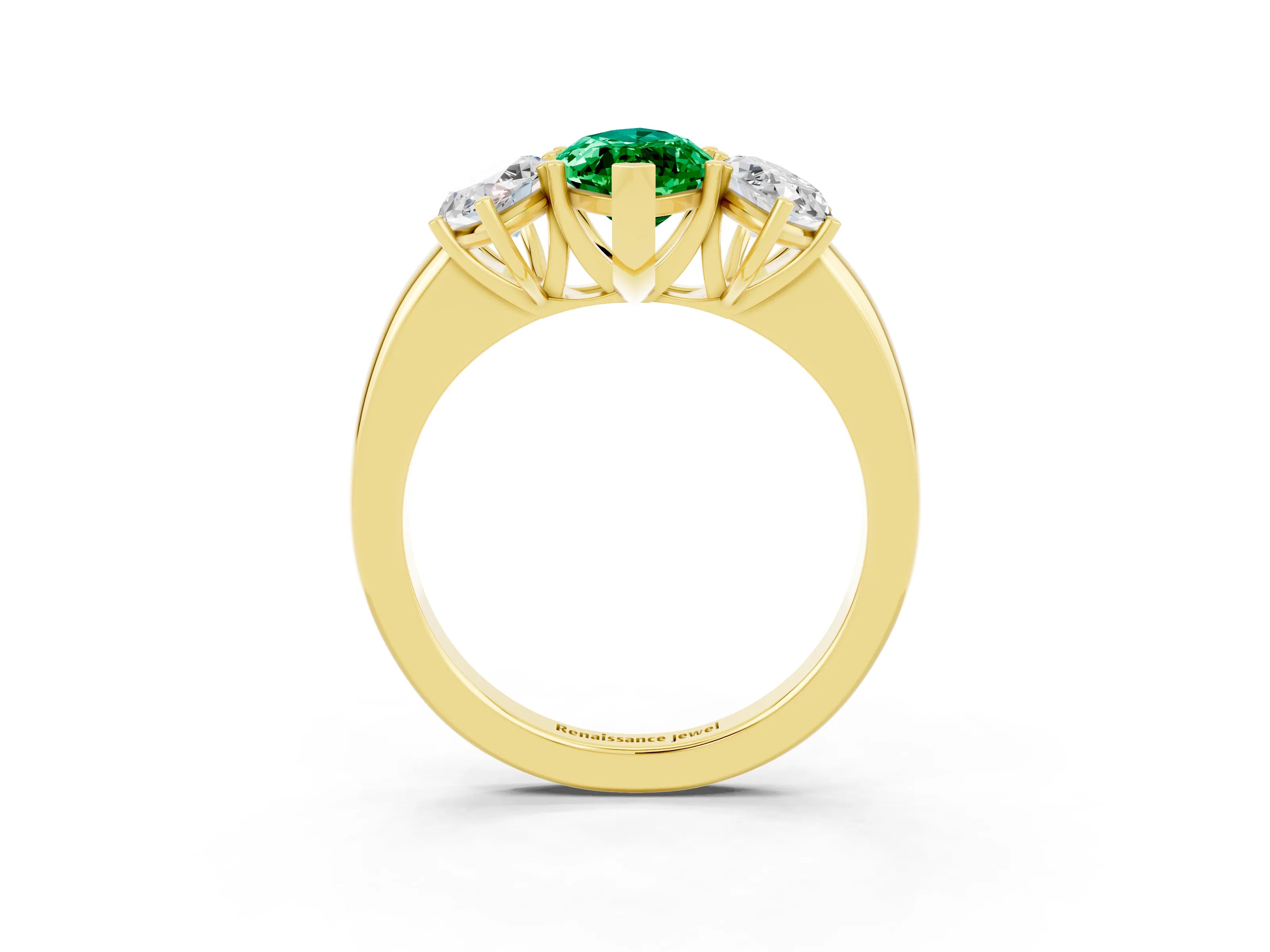Yellow gold Marquise Cut Emerald Three-Stone Ring with Four-Prong Setting and Classic Band_3