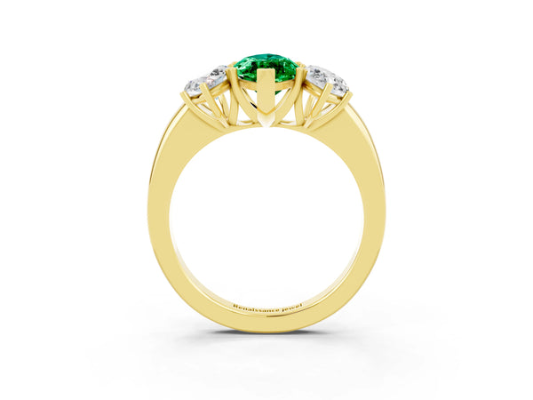 Yellow gold Marquise Cut Emerald Three-Stone Ring with Four-Prong Setting and Classic Band