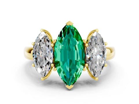 Yellow gold Marquise Cut Emerald Three-Stone Ring with Four-Prong Setting and Classic Band