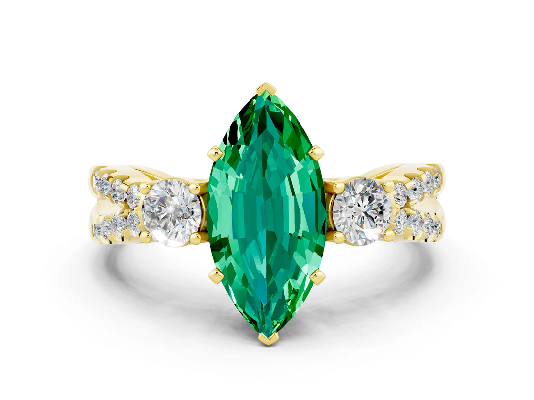 Yellow gold Marquise Cut Emerald Three-Stone Ring with Pavé Split Shank and Four-Prong Setting_12