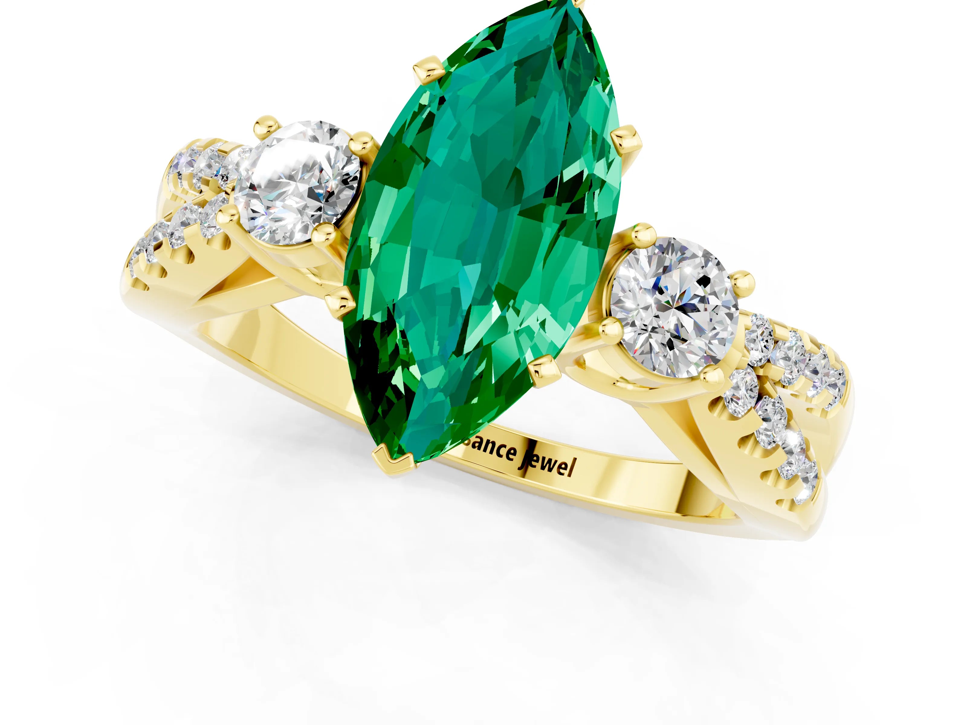 Yellow gold Marquise Cut Emerald Three-Stone Ring with Pavé Split Shank and Four-Prong Setting_13