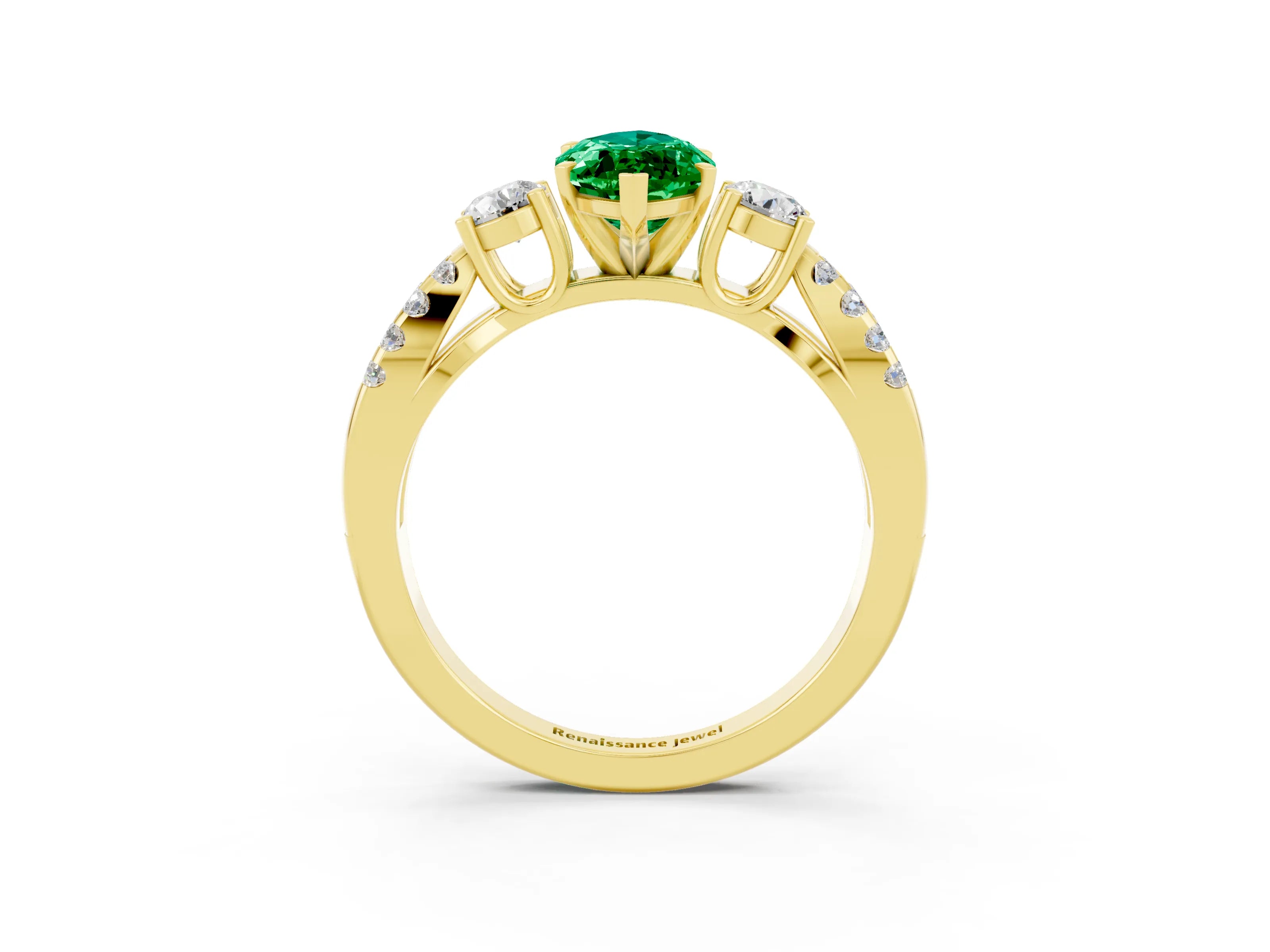 Yellow gold Marquise Cut Emerald Three-Stone Ring with Pavé Split Shank and Four-Prong Setting_15
