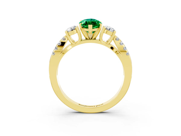Yellow gold Marquise Cut Emerald Three-Stone Ring with Pavé Split Shank and Four-Prong Setting