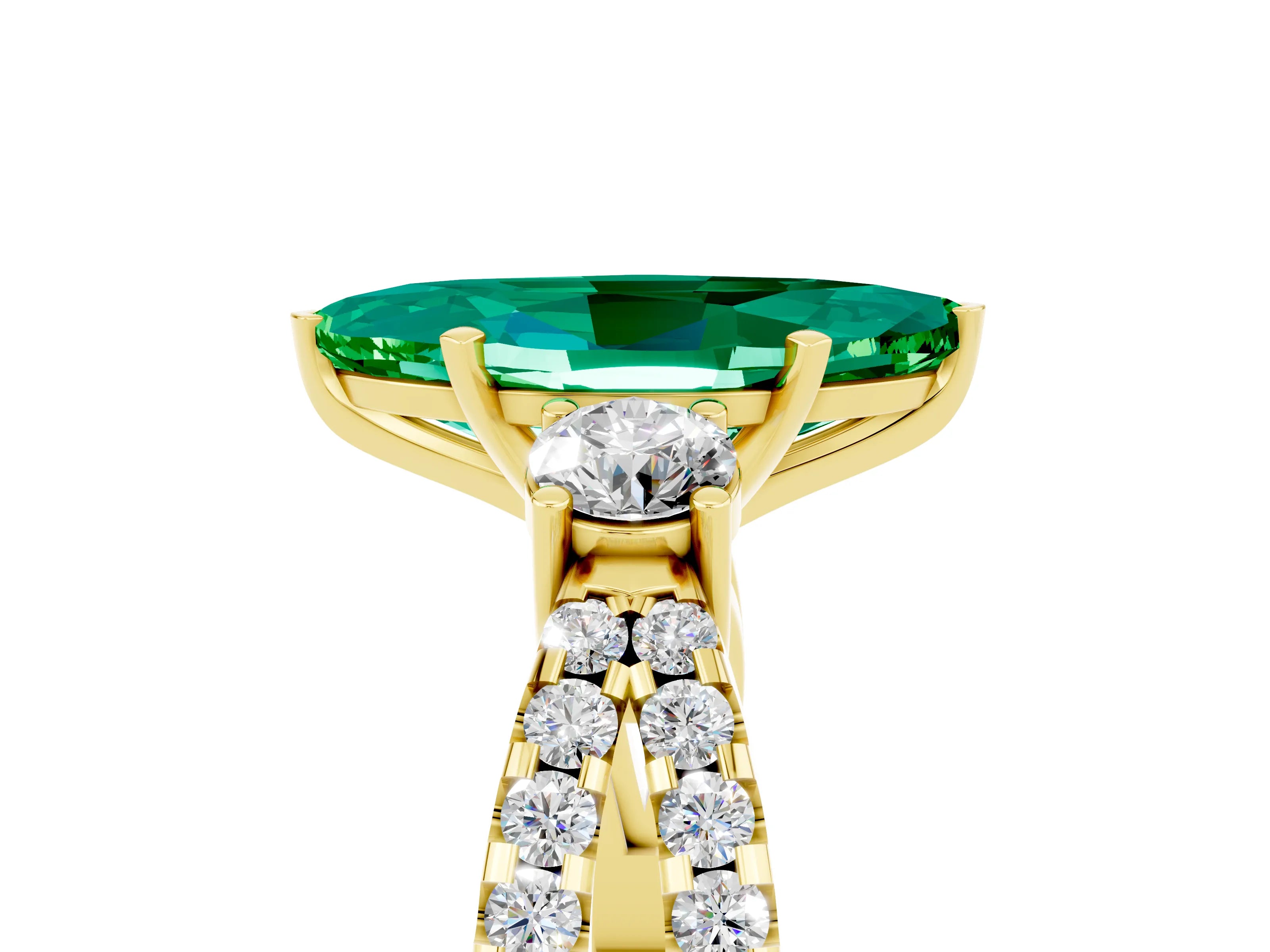 Yellow gold Marquise Cut Emerald Three-Stone Ring with Pavé Split Shank and Four-Prong Setting_17