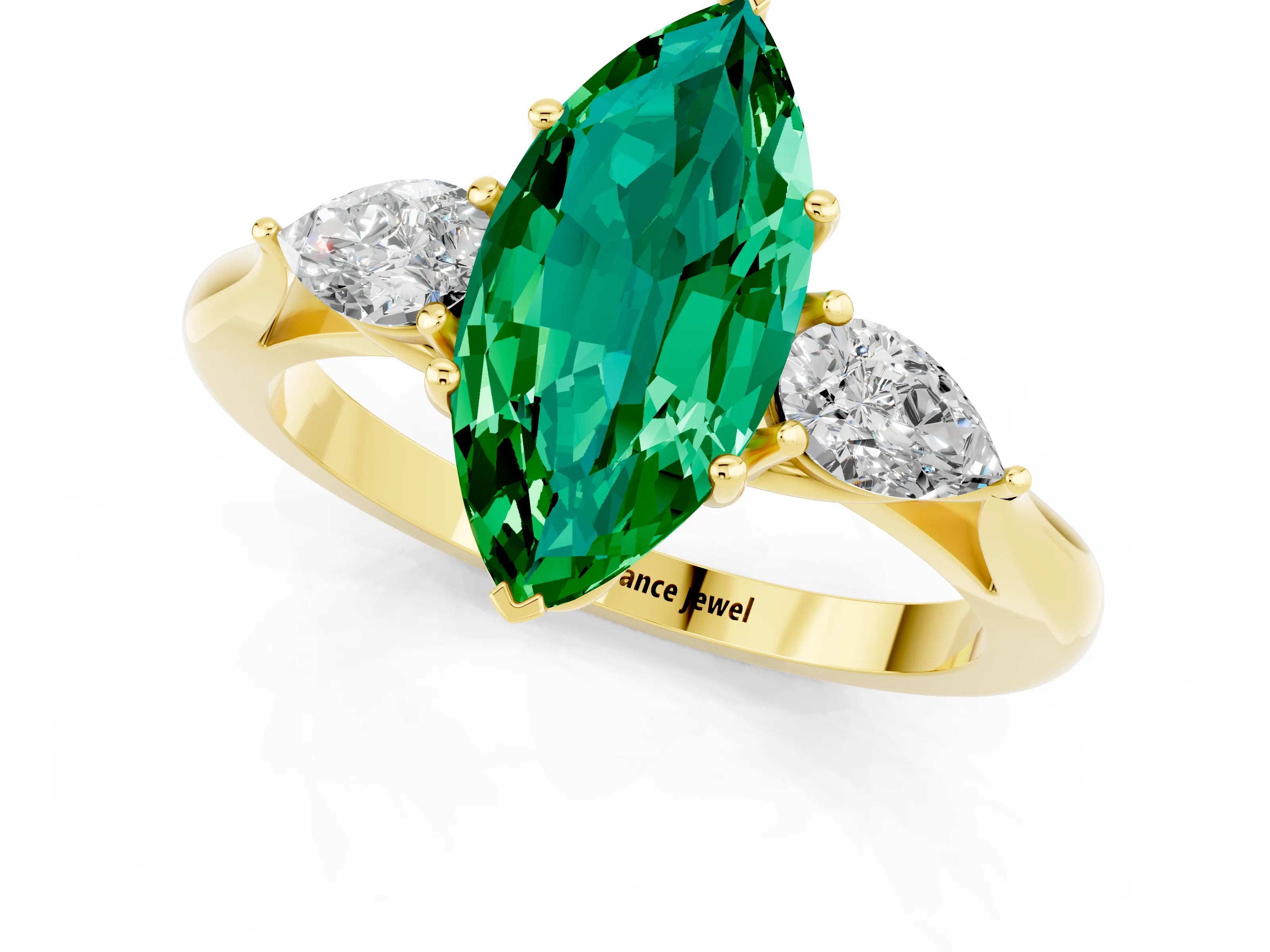 Yellow gold Marquise Cut Emerald Three-Stone Ring with Pear Side Stones and Four-Prong Setting_13