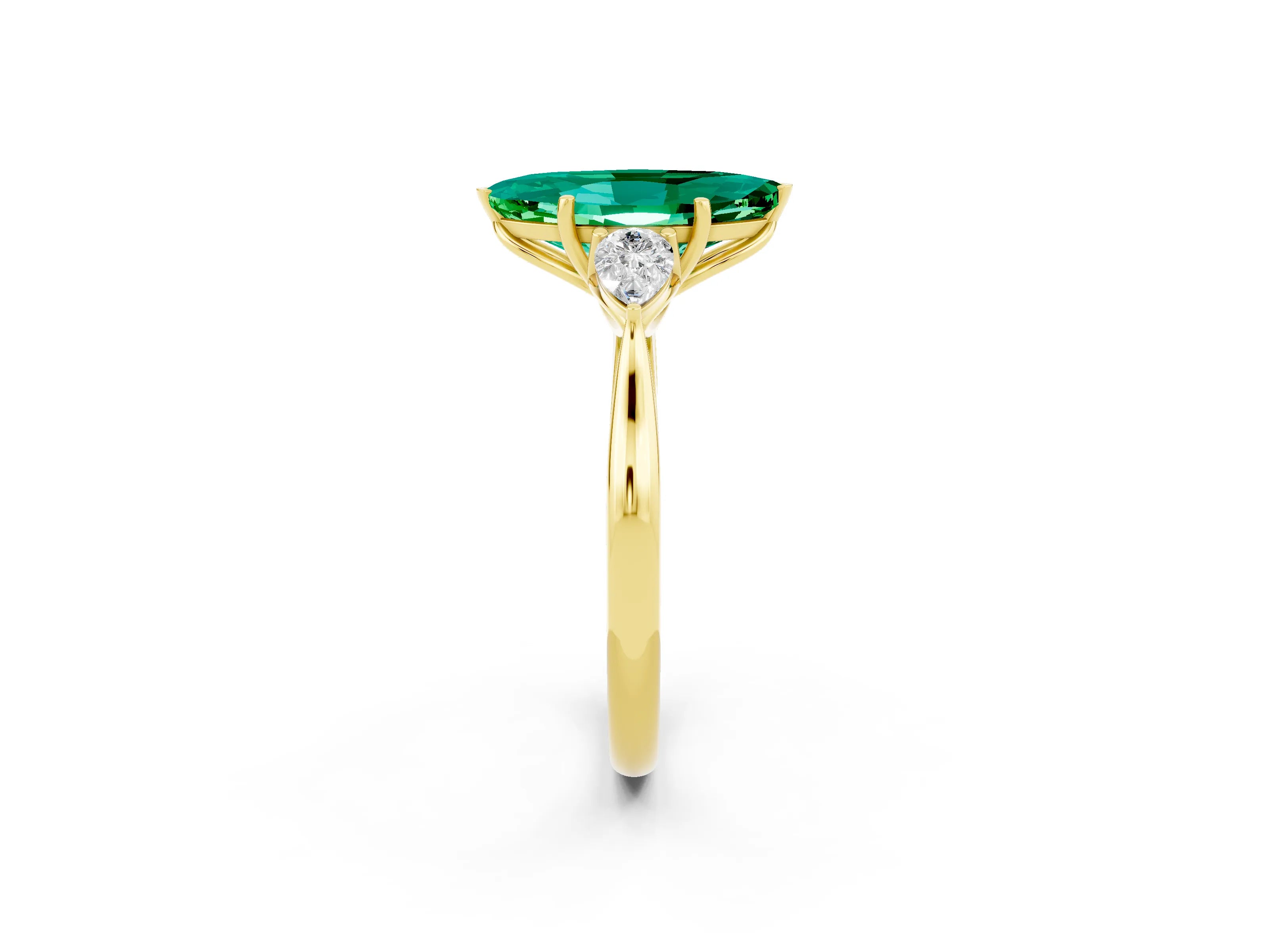 Yellow gold Marquise Cut Emerald Three-Stone Ring with Pear Side Stones and Four-Prong Setting_14