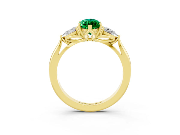 Yellow gold Marquise Cut Emerald Three-Stone Ring with Pear  Side Stones and Prong Setting