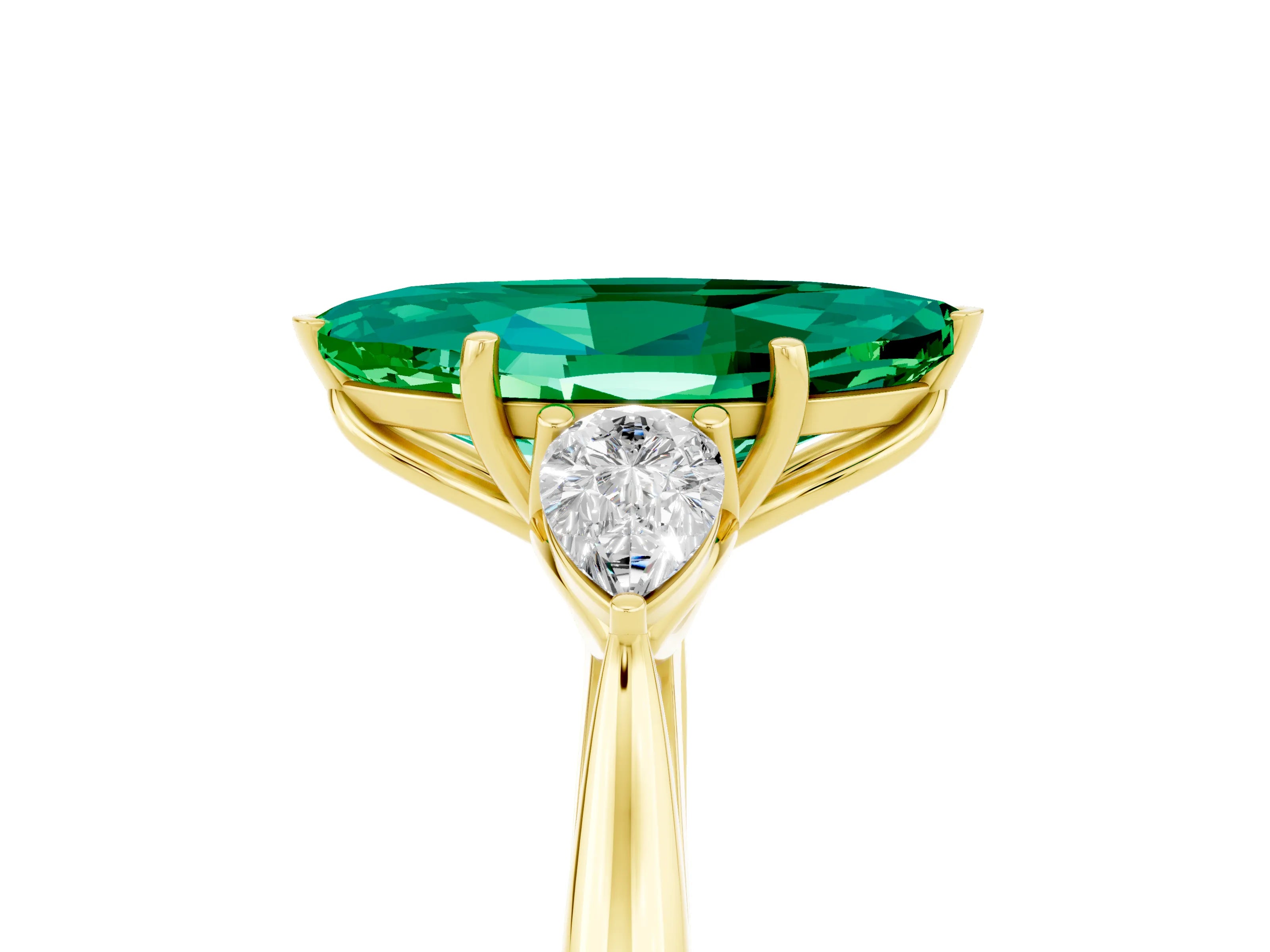 Yellow gold Marquise Cut Emerald Three-Stone Ring with Pear Side Stones and Four-Prong Setting_17