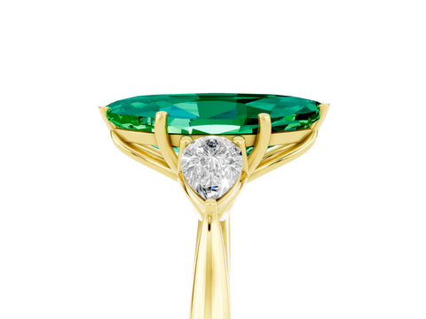 Yellow gold Marquise Cut Emerald Three-Stone Ring with Pear Side Stones and Four-Prong Setting_17