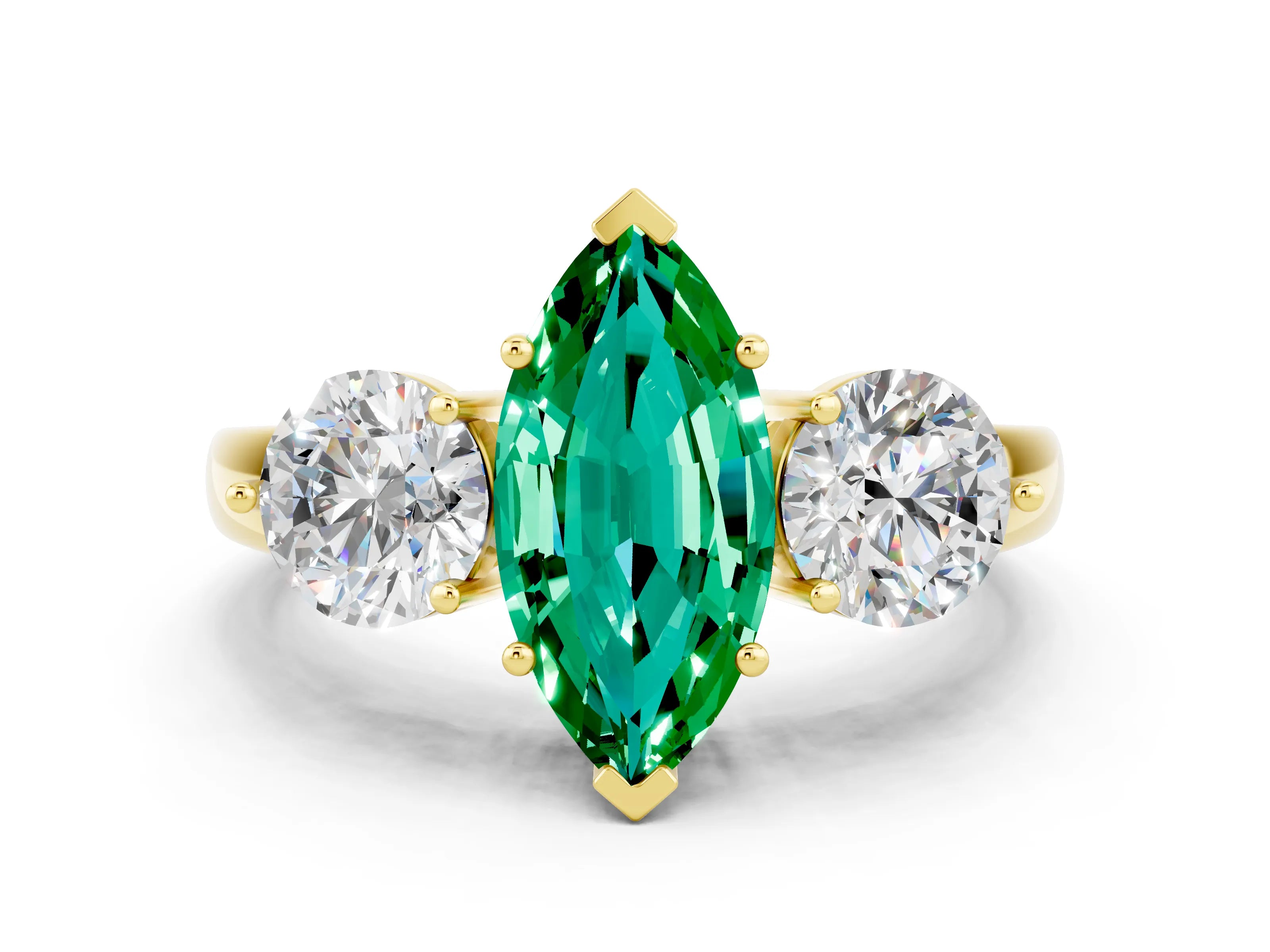 Yellow gold Marquise Cut Emerald Three-Stone Ring with Prong Setting and Classic Band