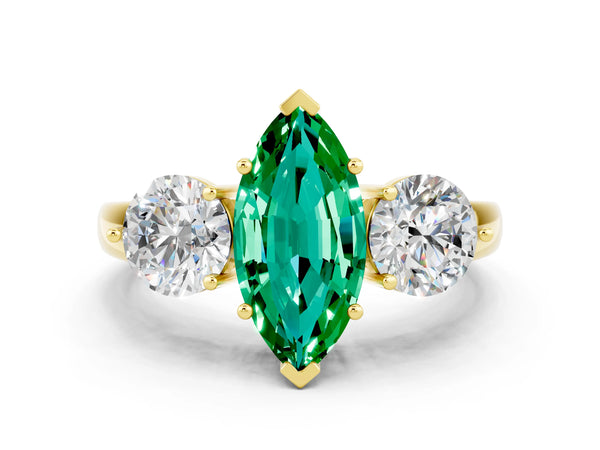 Yellow gold Marquise Cut Emerald Three-Stone Ring with Prong Setting and Classic Band