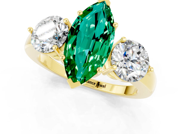 Yellow gold Marquise Cut Emerald Three-Stone Ring with Prong Setting and Classic Band