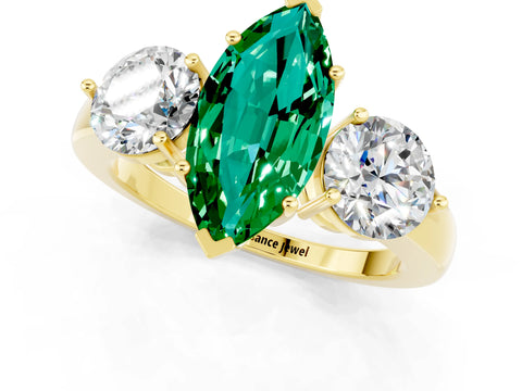 Yellow gold Marquise Cut Emerald Three-Stone Ring with Prong Setting and Classic Band_1