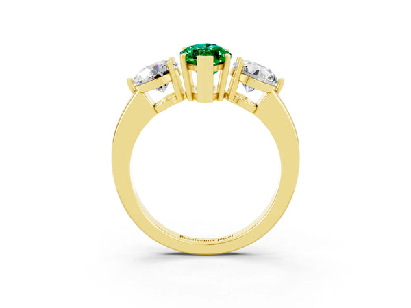 Yellow gold Marquise Cut Emerald Three-Stone Ring with Prong Setting and Classic Band