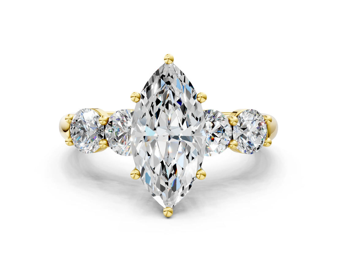 Yellow gold Marquise Cut Five-Stone Prong Set Diamond Ring with Classic Band_41