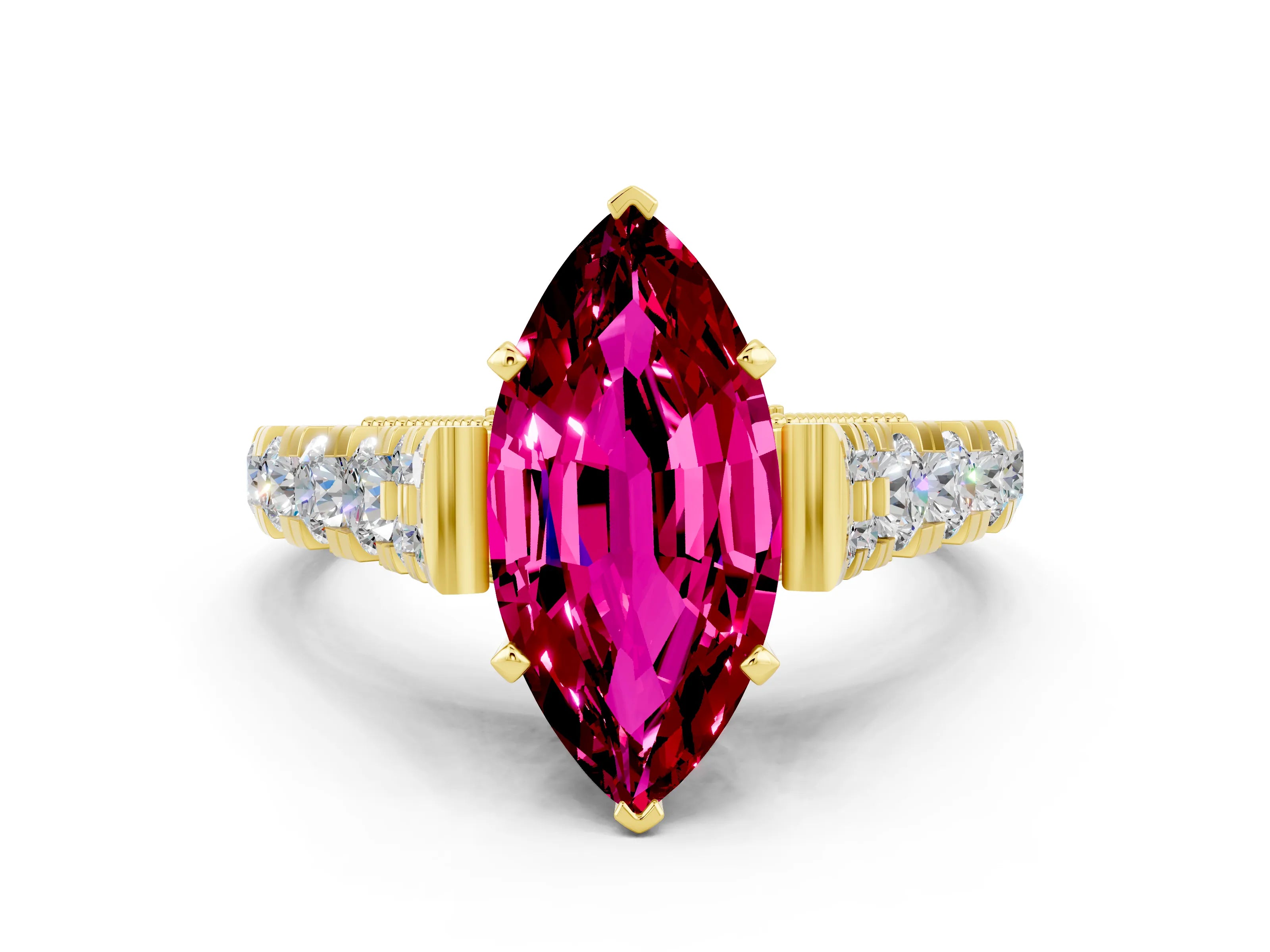 Yellow gold Marquise Cut Garnet Classic Solitaire Ring with Pavé Band and Four-Prong Setting