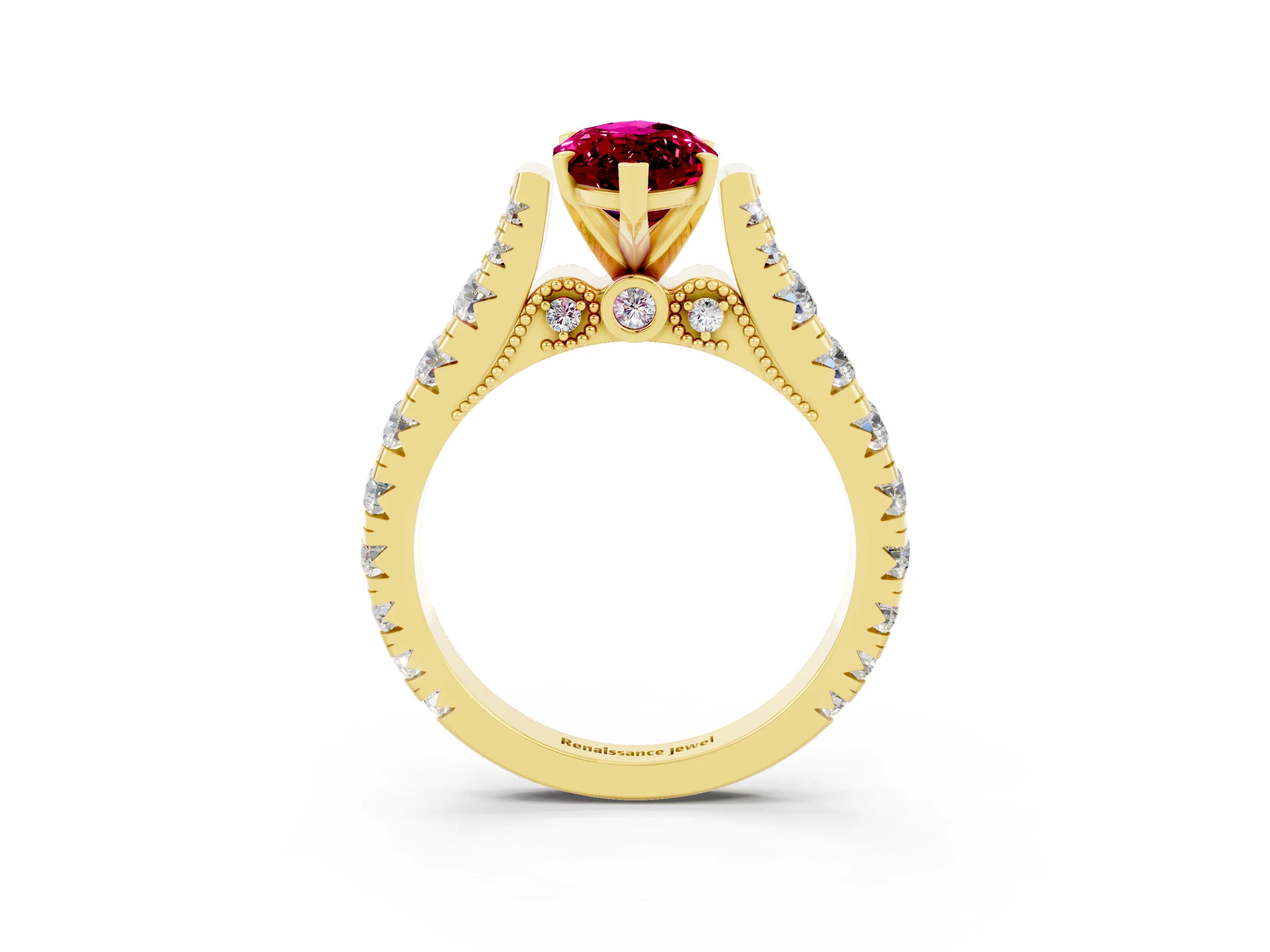 Yellow gold Marquise Cut Garnet Classic Solitaire Ring with Pavé Band and Four-Prong Setting_3