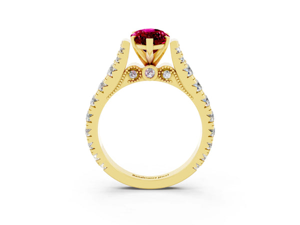 Yellow gold Marquise Cut Garnet Classic Solitaire Ring with Pavé Band and Four-Prong Setting