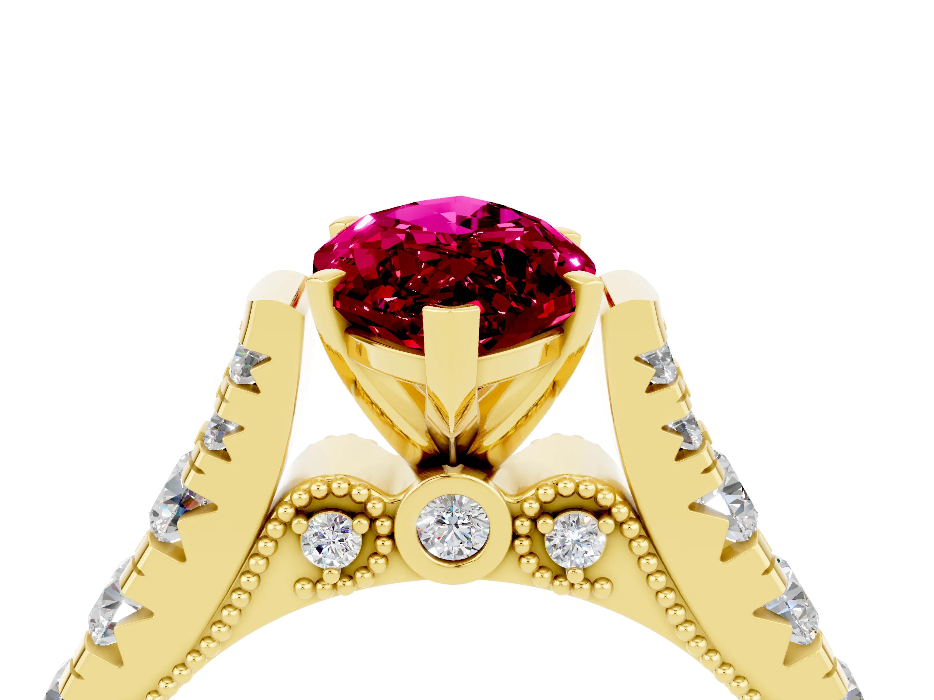 Yellow gold Marquise Cut Garnet Classic Solitaire Ring with Pavé Band and Four-Prong Setting_4