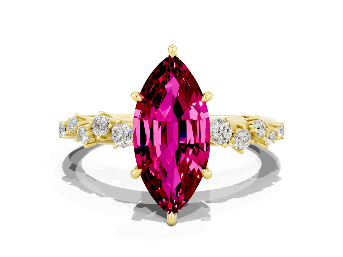 Yellow gold Marquise Cut Garnet Cluster Side Stone Solitaire Ring with Prong Setting_24